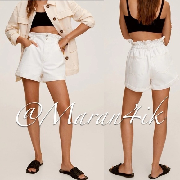 Mango High Waisted White Paper Bag Denim Shorts Size XS - Picture 1 of 15